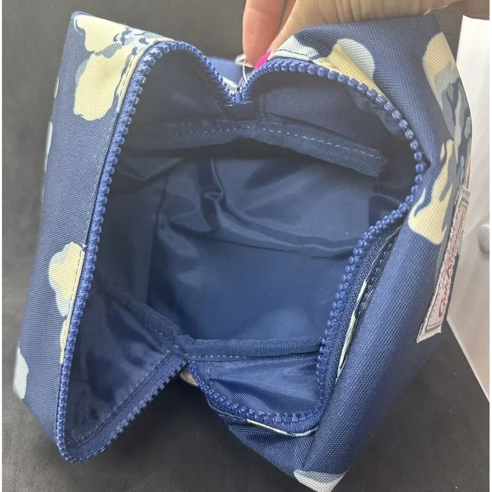 Catch Kidston Make Up Travel Pouch Blue W/Floral Pattern Folds‎ Flat For Storage